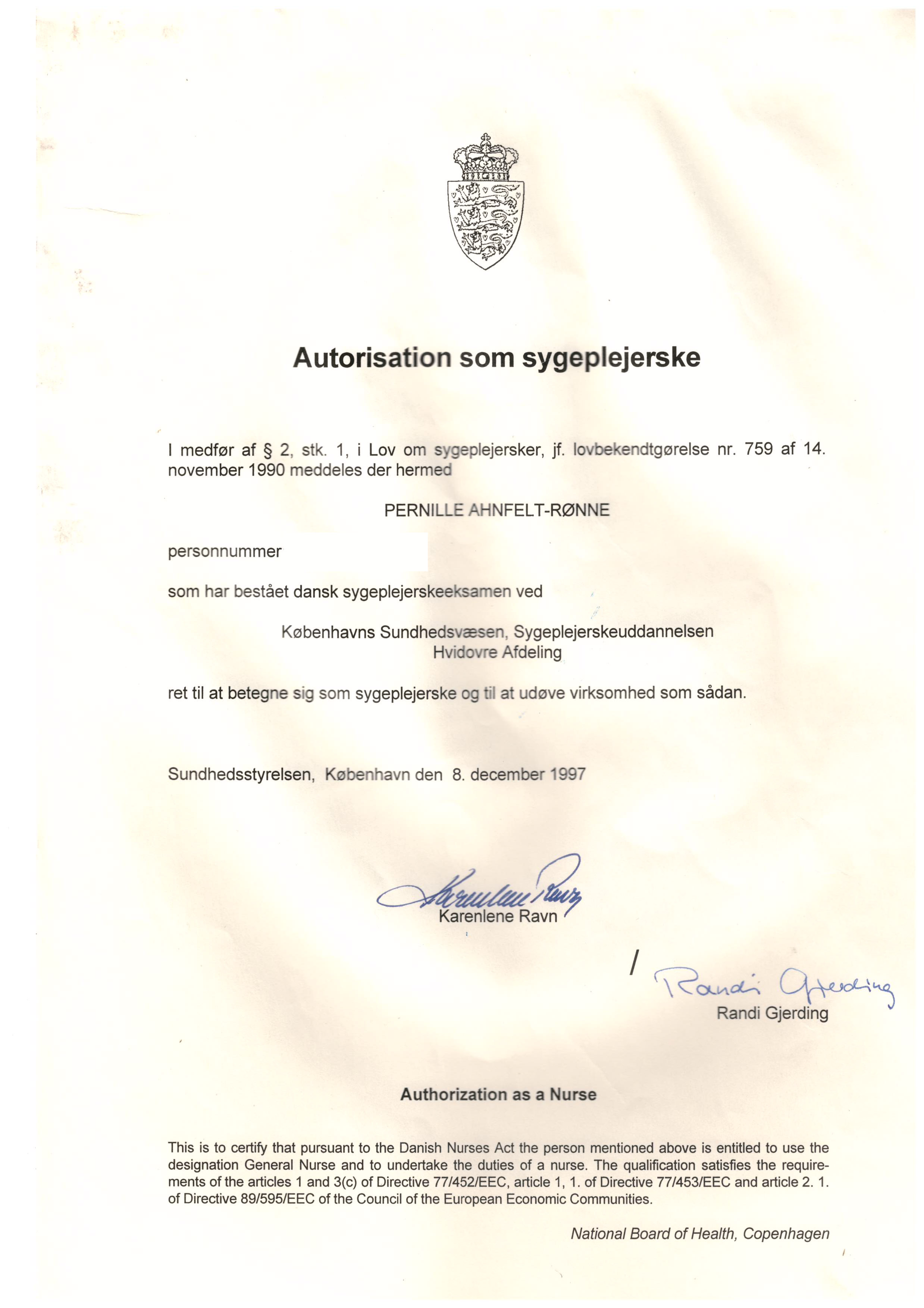 Pernilles certifikater, autorisation